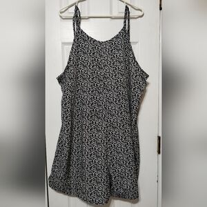 Size 2XL Black and White Floral Romper with Tie Spaghetti Straps